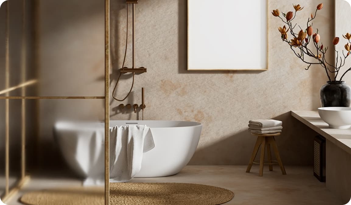 A renovated bathroom with a freestanding tub and warm natural light